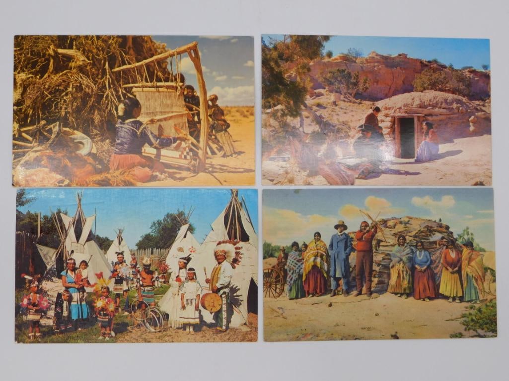 Vintage Navajo Southwest Postcard Set: Group of four vintage postcards depicting Navajo weaving, a hogan dwelling, a tribal dance, and a family portrait outside a hogan. One card is postmarked and handwritten.