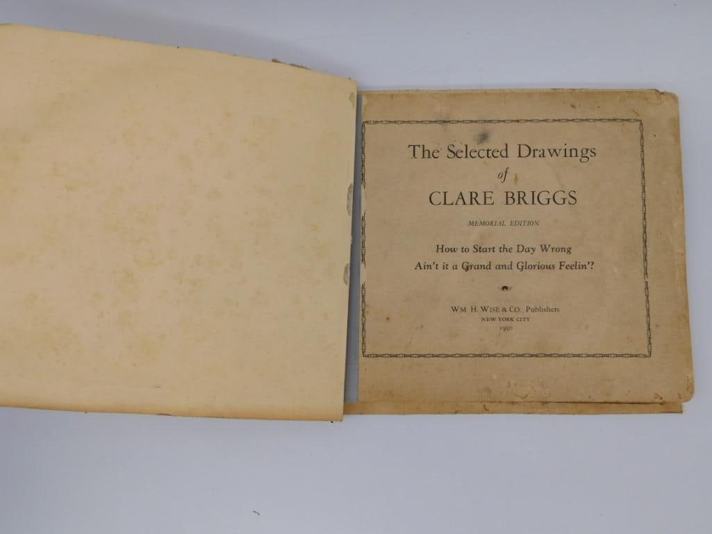 Antique Clare Briggs Cartoon Book Collection: Two volumes of the 1930 memorial edition of Clare Briggs' selected drawings, with vintage newspaper comic strip pages.