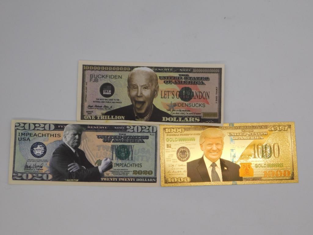 Novelty Political Ephemera Dollar Bills: Three oversized novelty currency notes featuring political caricatures, printed front and back with political slogans.