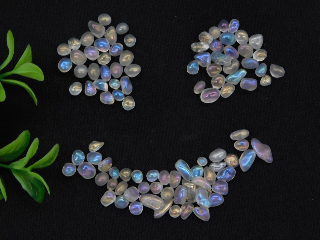 Iridescent Moonstone Crystal Cabochon Lot: A large group of small polished moonstone cabochons displaying blue-to-gold adularescence, labeled Moonstone, 14 grams.
