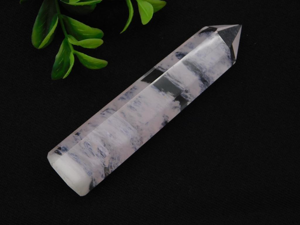 Pink & White Banded Quartz Crystal Point, Polished Specimen: Polished natural quartz obelisk specimen with soft pink and white banding and dark grey inclusions, terminating in a faceted point. Approximately 6 inches long; 53 grams.