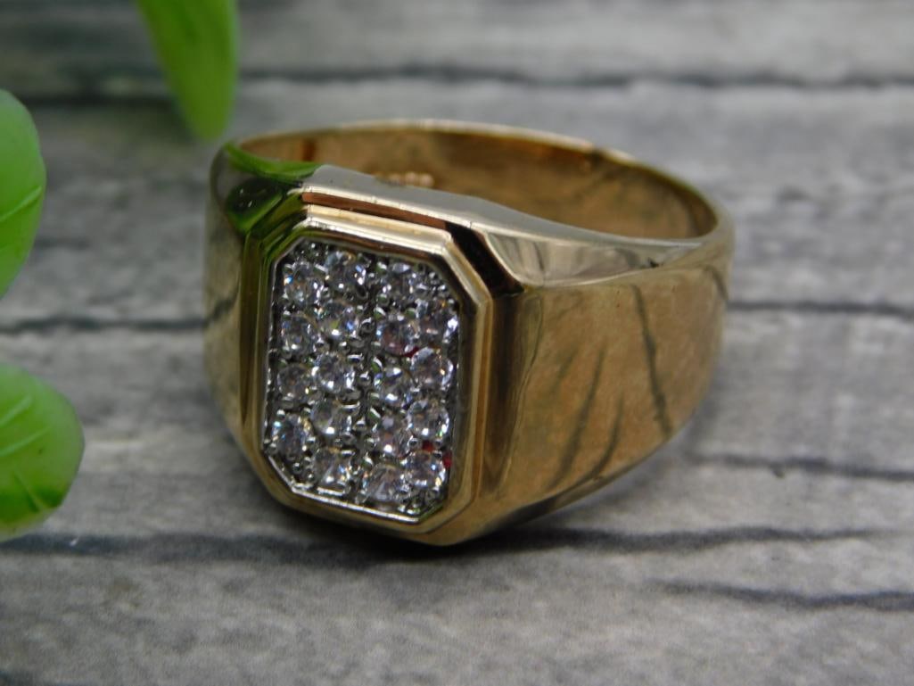 14K Gold Men's Diamond Cluster Ring, Size 10: Yellow gold men's ring with rectangular pave-set diamond cluster face, marked with hallmark inside band, size 10, approximately 5 grams.