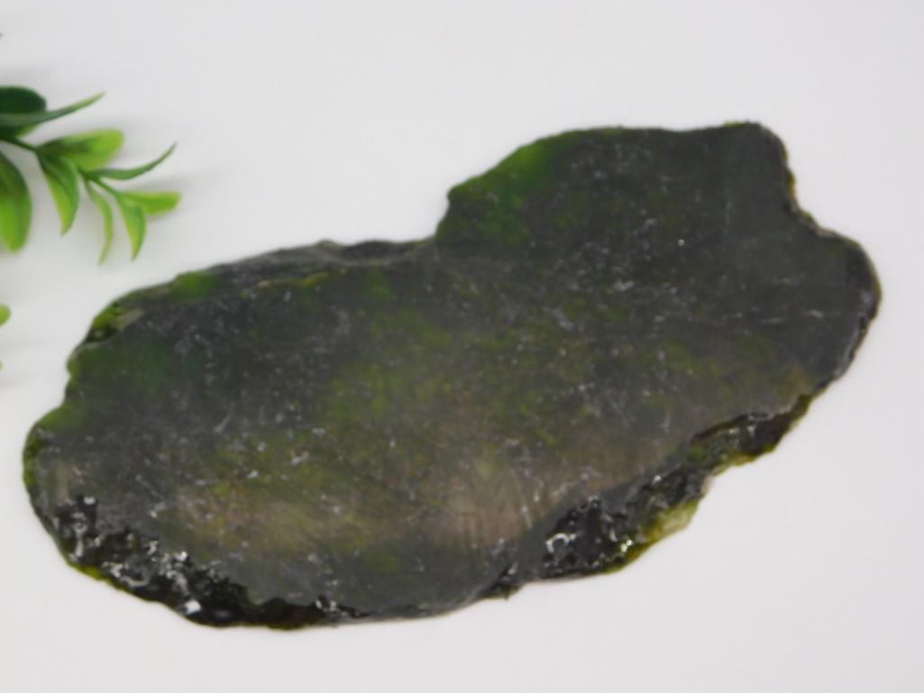 Polished GREEN OPAL Slab: Large polished slab of black obsidian with subtle green sheen, approximately 6 inches long, 118 grams.
