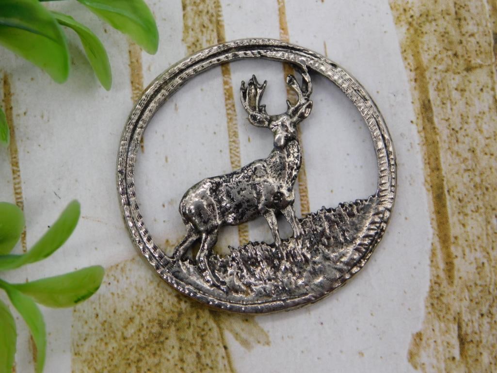 Pewter Stag Deer Medallion: Round pewter medallion/medal featuring a raised relief standing stag deer with antlers within a decorative ring border.