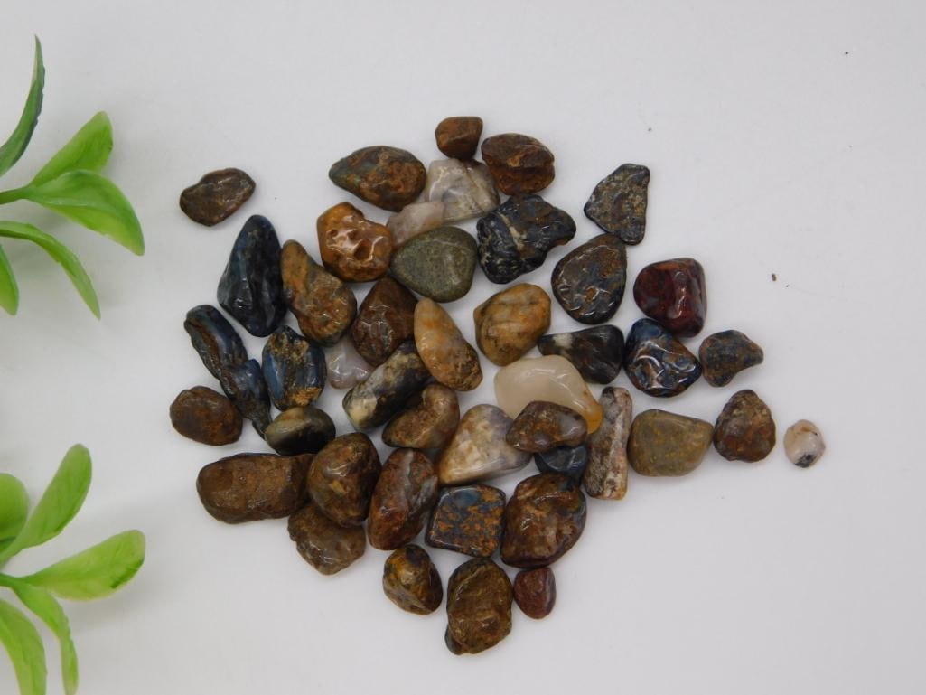 Tumbled Pietersite Chip Stone Lot: Collection of tumbled pietersite chips in brown, blue-gray, and rust tones, 12 grams.