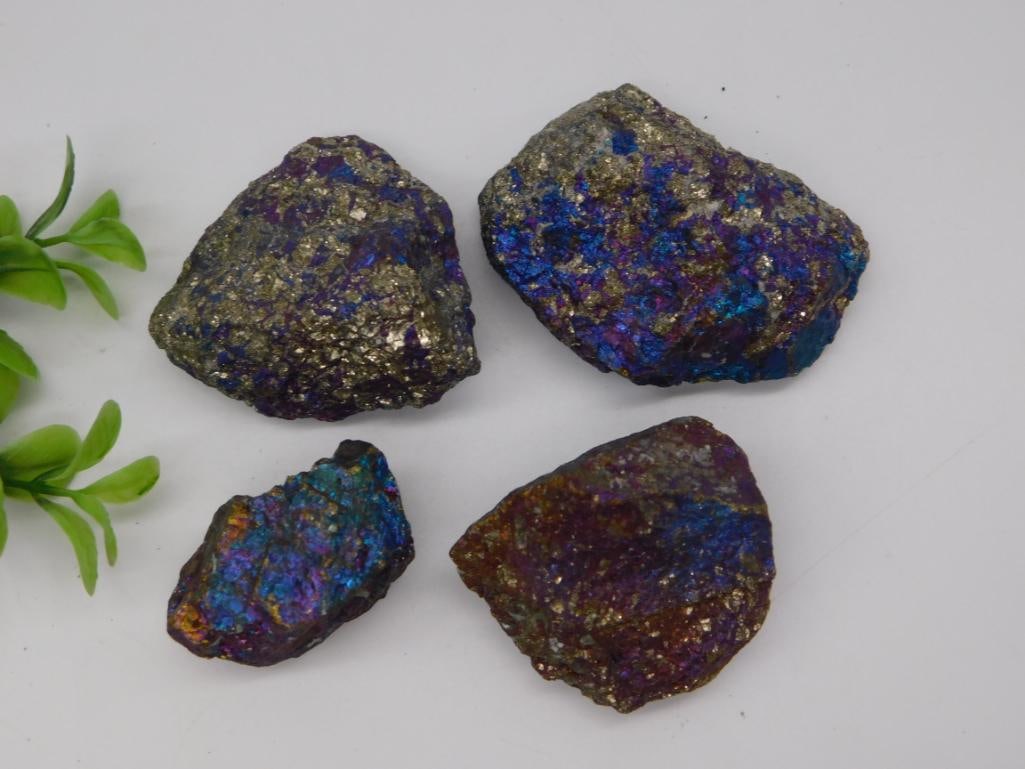 Chalcopyrite Peacock Ore Mineral Specimens: Four iridescent chalcopyrite (peacock ore) rough mineral specimens with blue and purple metallic luster.