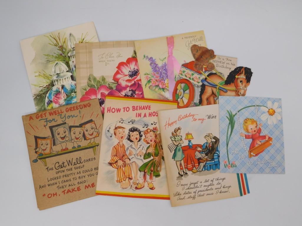 Vintage Greeting Card Collection: Group of vintage greeting cards including get well, birthday, and humor cards from mid-20th century.