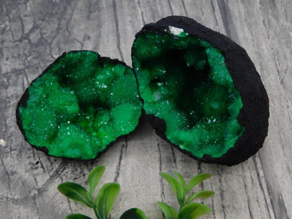 Green Crystal Geode Pair: Split geode pair with vivid green crystal (dyed quartz) interior druzy formation.