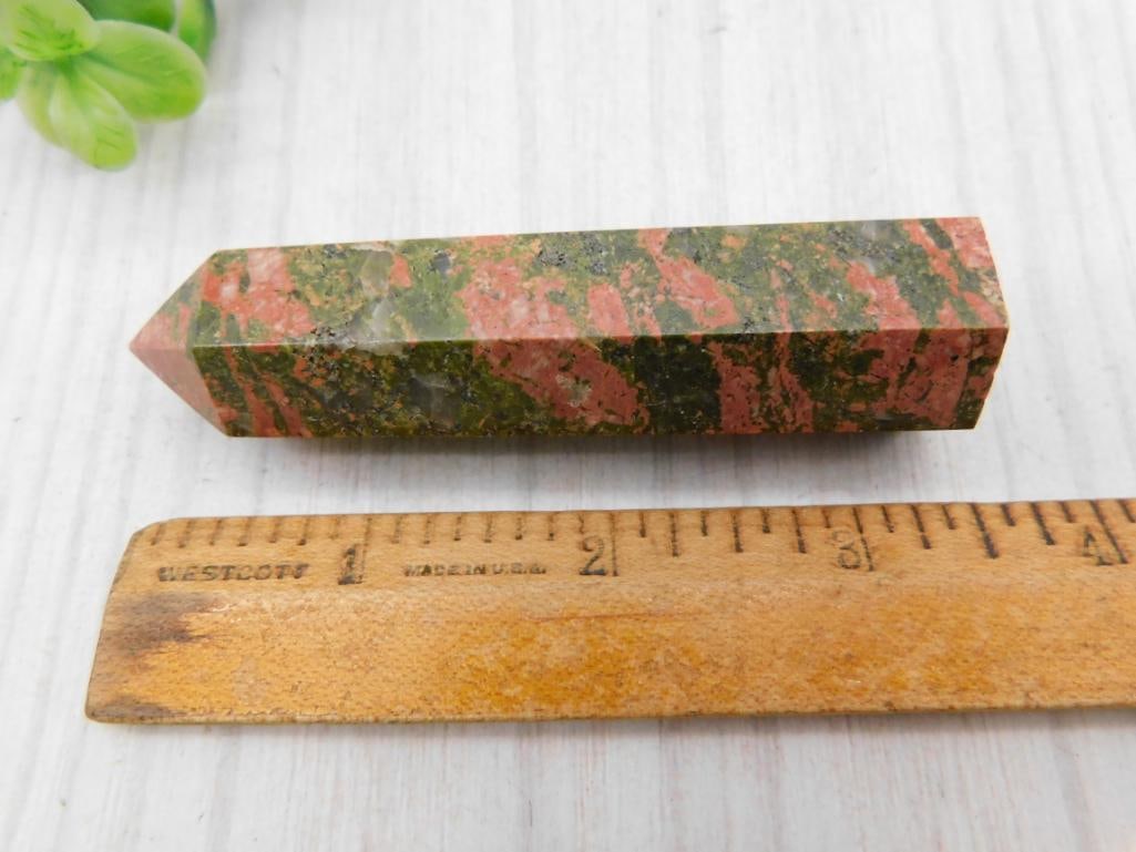 Unakite Crystal Point Tower: Polished green and pink unakite gemstone obelisk/tower point.