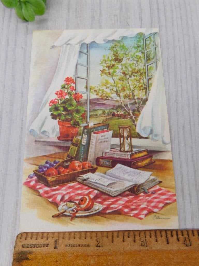 Vintage Still Life Postcard Print: Decorative postcard print depicting a window scene with books, fruit, hourglass, and geraniums.