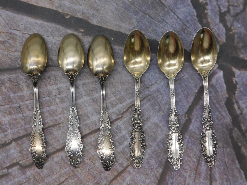 Sterling Silver Teaspoons - Set of 6 GORHAM LUXEMBOURG, Ornate Pattern: A set of six sterling silver teaspoons with ornate scroll-and-floral handle pattern, marked Sterling. Each spoon measures approximately 4.75 to 5 inches long.