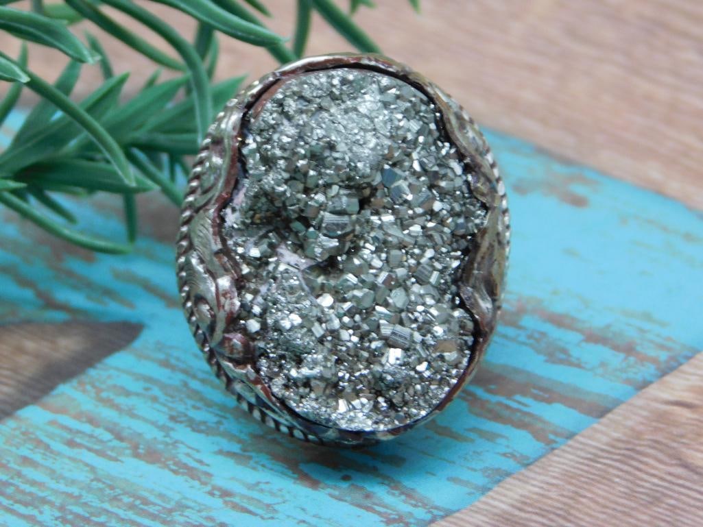 ADJUSABLE PYRITE RING WITH INTRICATE TOOLING - 2