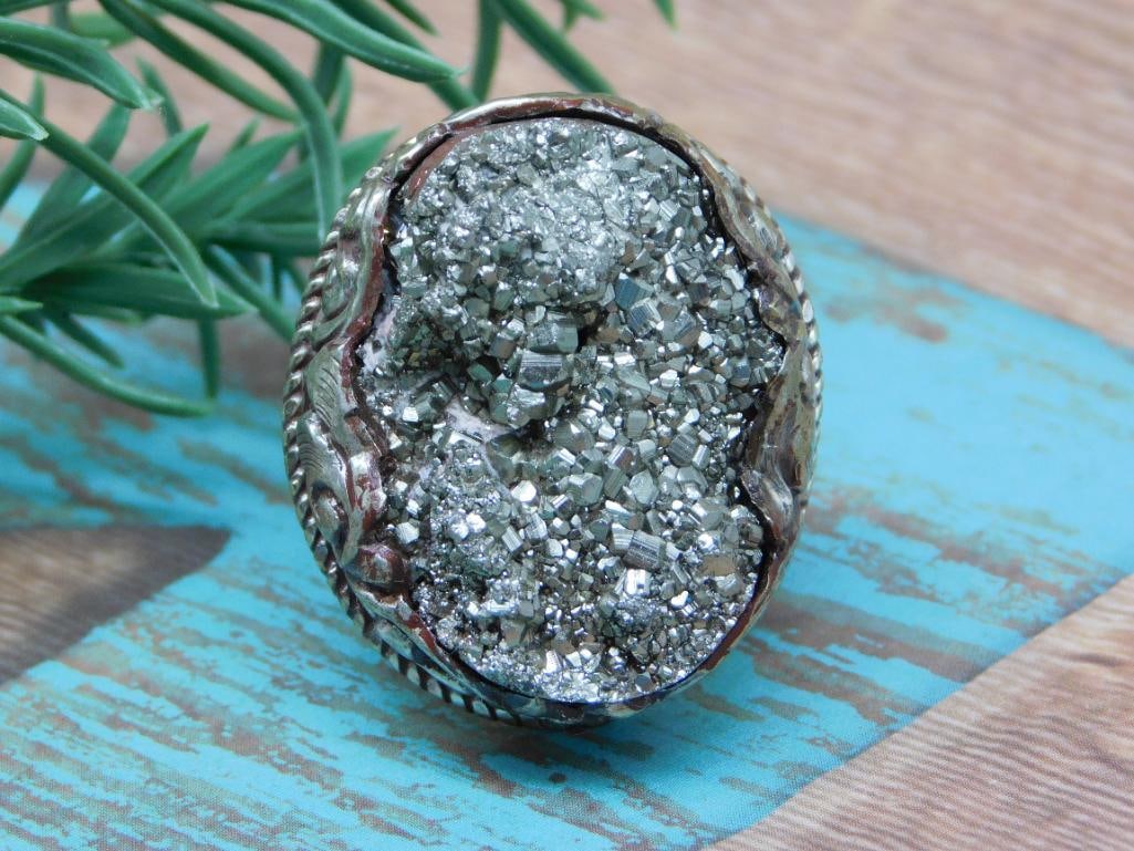 ADJUSABLE PYRITE RING WITH INTRICATE TOOLING - 3