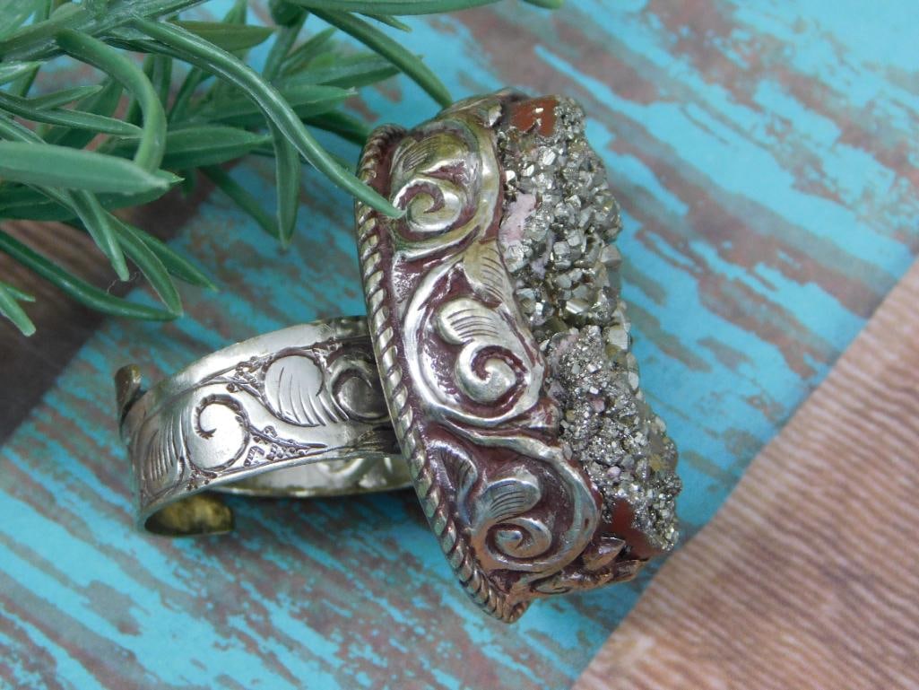 ADJUSABLE PYRITE RING WITH INTRICATE TOOLING - 4