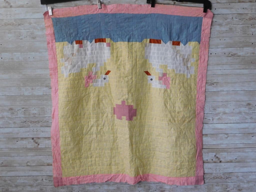 Handmade Patchwork Quilt/Wall Hanging, Bunny Face Pattern, Pink & Yellow - 7