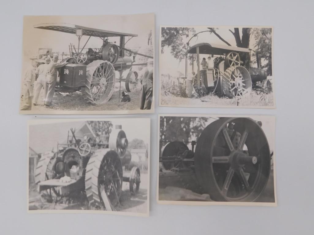 Antique Steam Traction Engine Photograph Set: A set of four vintage black-and-white photographs depicting large antique steam traction engines with men gathered around, including a threshing/farm show scene and close-up detail of a spoked