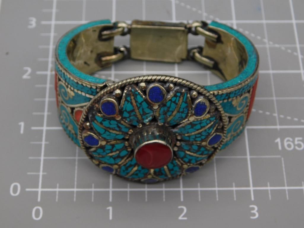 Jewelry Tibetan Silver Cuff Bracelet with Turquoise and Coral Inlay (1 of 6)