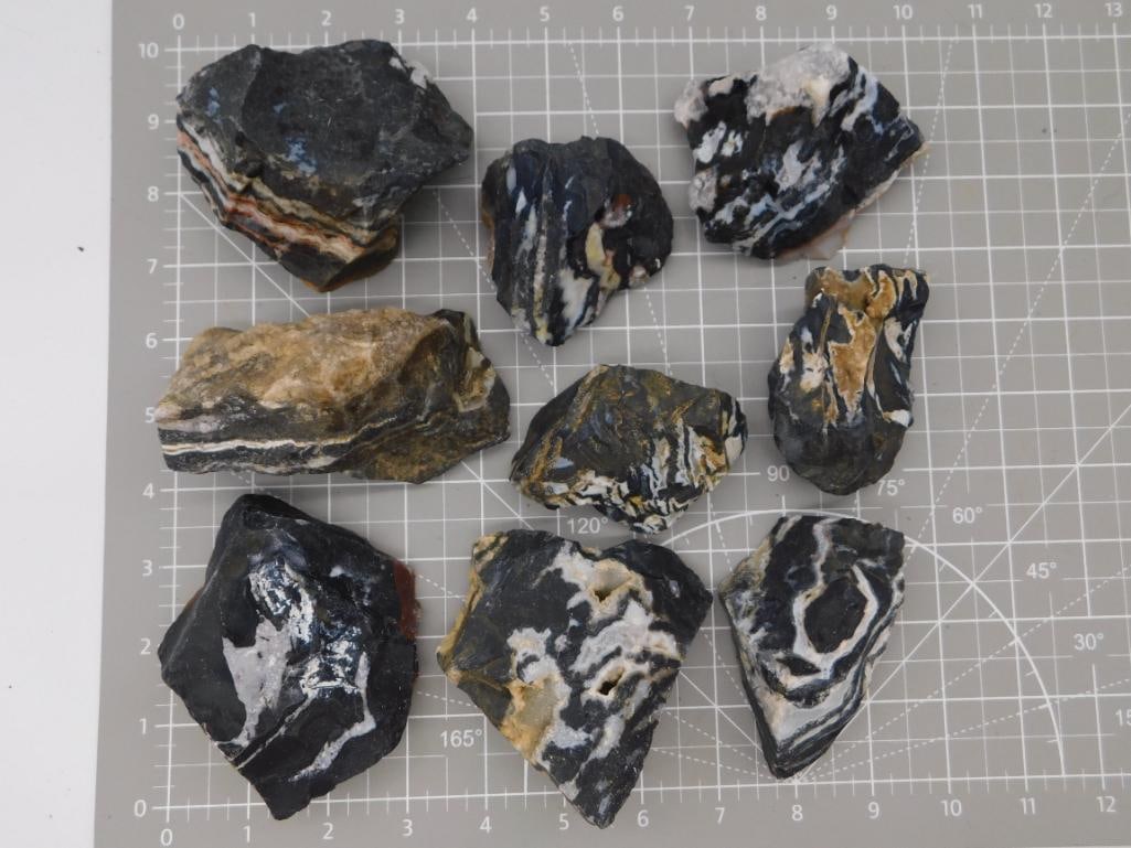 Banded Rock Specimen Lot, 4 lbs 5 oz: Nine rough black, white, and tan banded mineral specimens with striking zebra-like and swirled patterns, likely a mix of banded agate, dolomite, and hematite-rich matrix. Pieces range from roughly 2 t