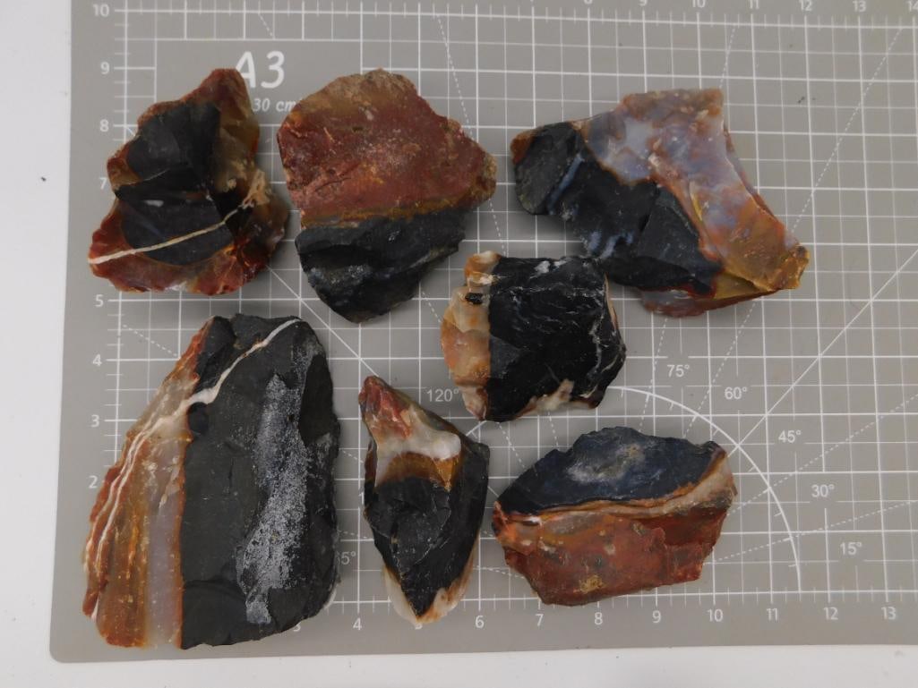 Fire Agate Rough Slab Lot, 5 lbs 2 oz: Seven rough-cut agate specimens with striking black, red-brown, and blue-gray banded interiors exposed on sawn faces, consistent with fire agate or banded chalcedony. Pieces range from about 3 to 6