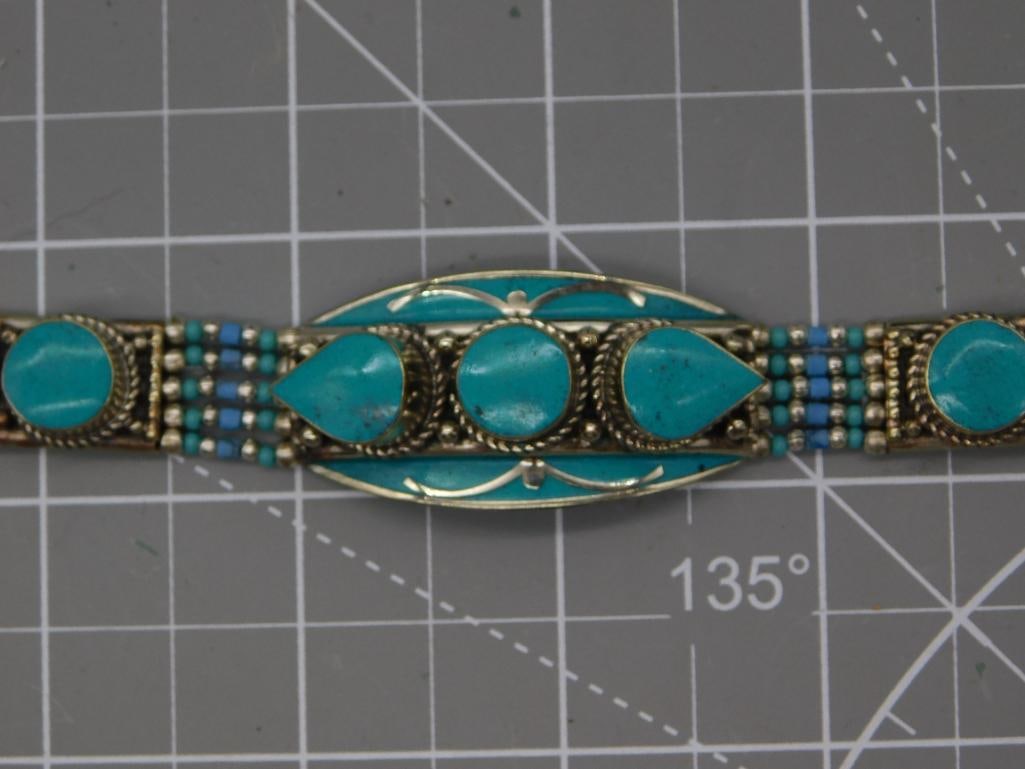 Turquoise Inlay Panel Bracelet, Tibetan Style - 2