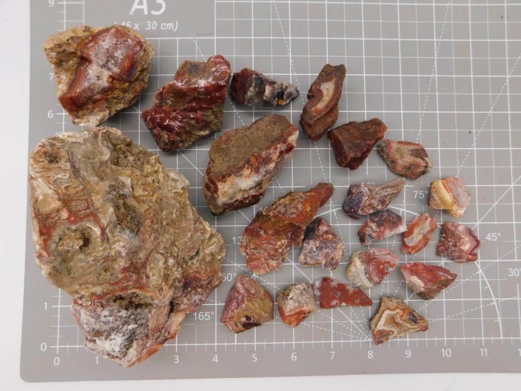 Crazy Lace Agate Rough Specimen Lot: Assortment of rough crazy lace agate slabs and fragments with vivid red, white, and tan banded patterns, largest piece roughly 4 inches, shown on a ruled cutting mat. Total weight labeled 3 lbs 13 oz