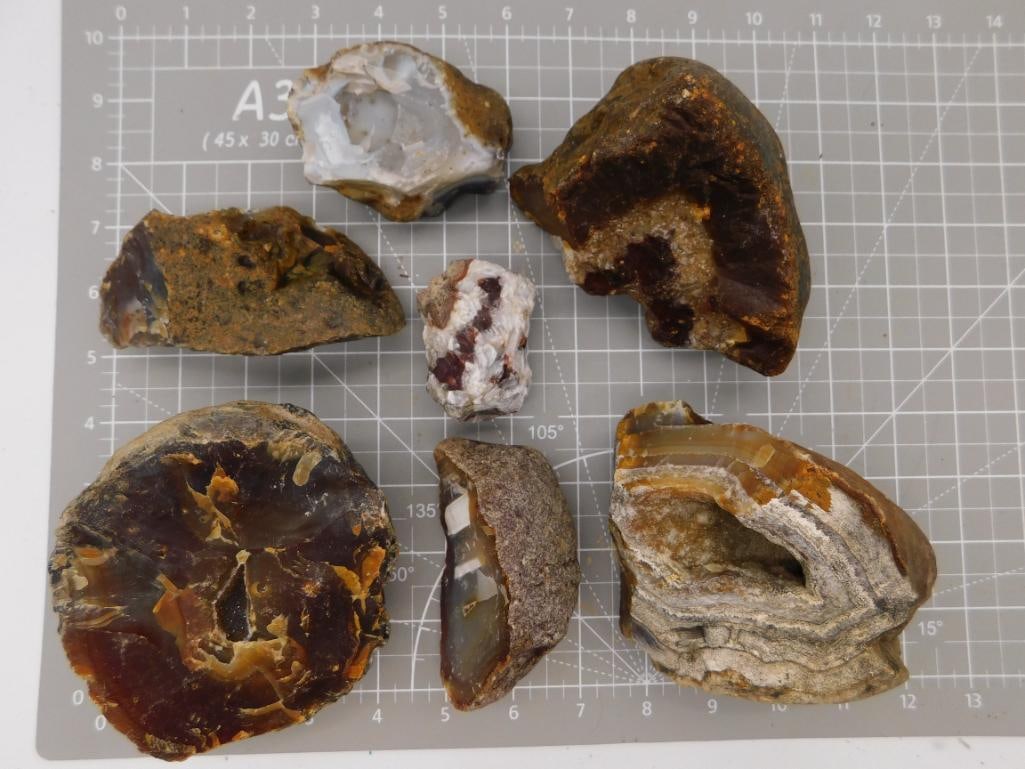 Agate Geode Rough Specimen Lot: Seven rough agate and geode specimens including two large cross-sectioned pieces showing deep amber and druzy crystal interiors, shown on a ruled cutting mat. Total weight labeled 7 lbs 11 oz 8