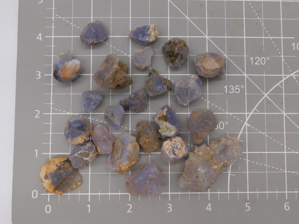 Blue Ellensburg Agates Rough Specimen Lot: Assortment of approximately 20 rough blue chalcedony/agate specimens with lavender-blue coloring and tan matrix, shown on a ruled cutting mat. Total weight labeled 117 grams. Part of the 2026 Rock Auc