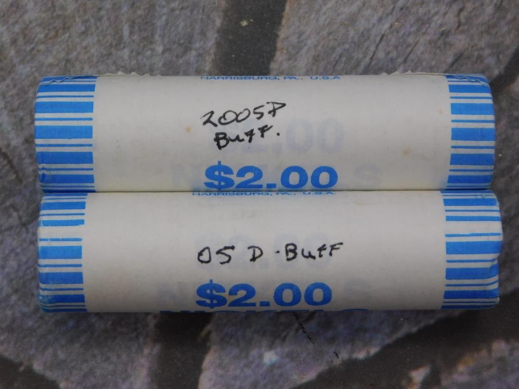 DELETE: Two $2.00 bank-wrapped rolls of Jefferson Buffalo nickels, marked in ink '2005-P Buff.' and '05 D-Buff.' Rolls measure approximately 3 inches long as shown against a ruler. Wrappers are original bank