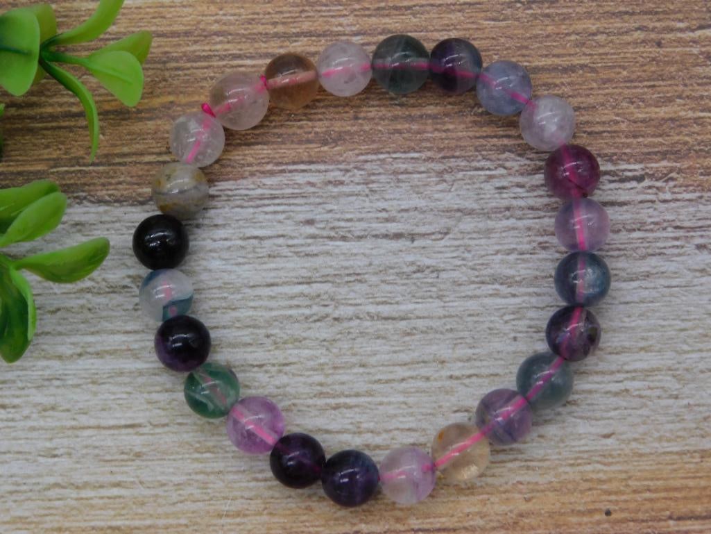 Gemstone Bead Bracelet - Multicolor Fluorite Stretch Bracelet (1 of 4)