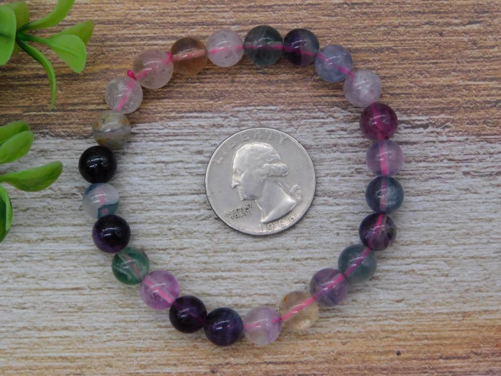 Gemstone Bead Bracelet - Multicolor Fluorite Stretch Bracelet - 4