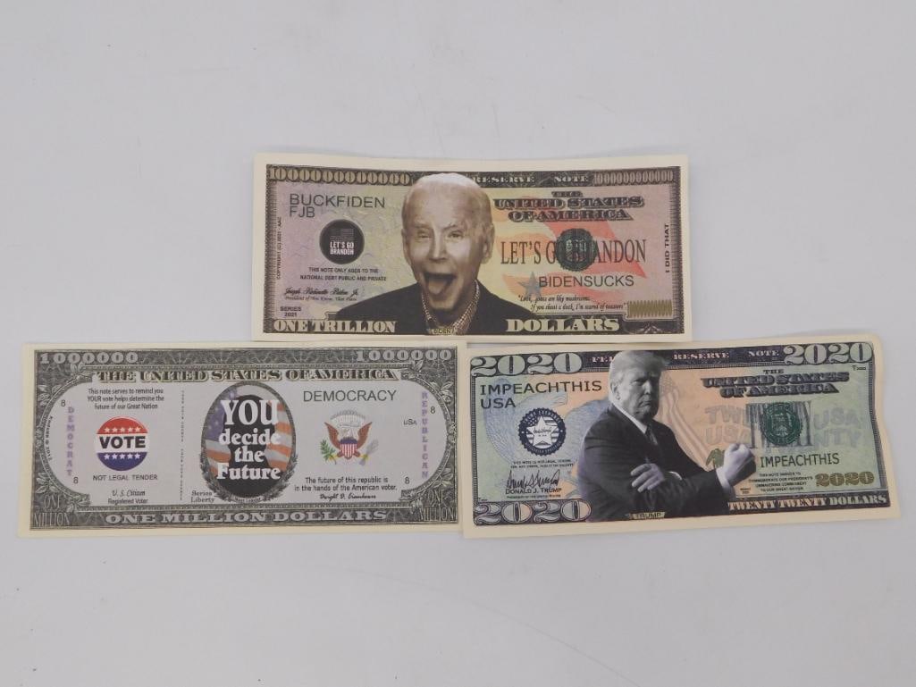 Novelty Political Dollar Bills - Trump and Biden Themed Fake Currency (3 Notes): A set of three novelty/political spoof banknotes: a 'One Trillion Dollars' Biden note, a 'One Million Dollars' Vote/Democracy note, and a 2020 Trump 'Impeach This' note. Each measures roughly 6 inches