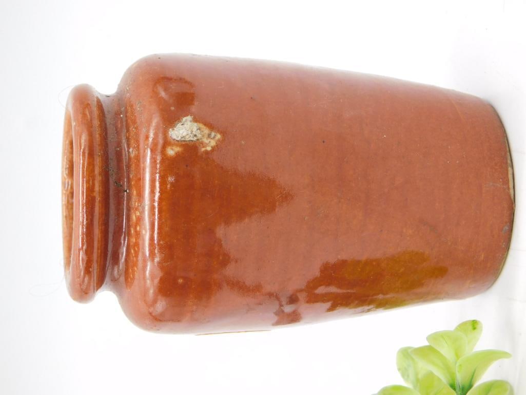 Antique Stoneware BEER Crock Jar - Brown Salt-Glazed Pottery Vessel: An antique brown salt-glazed stoneware crock/jar with a rolled rim and cylindrical tapered body, showing an old glaze chip near the shoulder. Measures approximately 4.5 inches tall as shown against a 