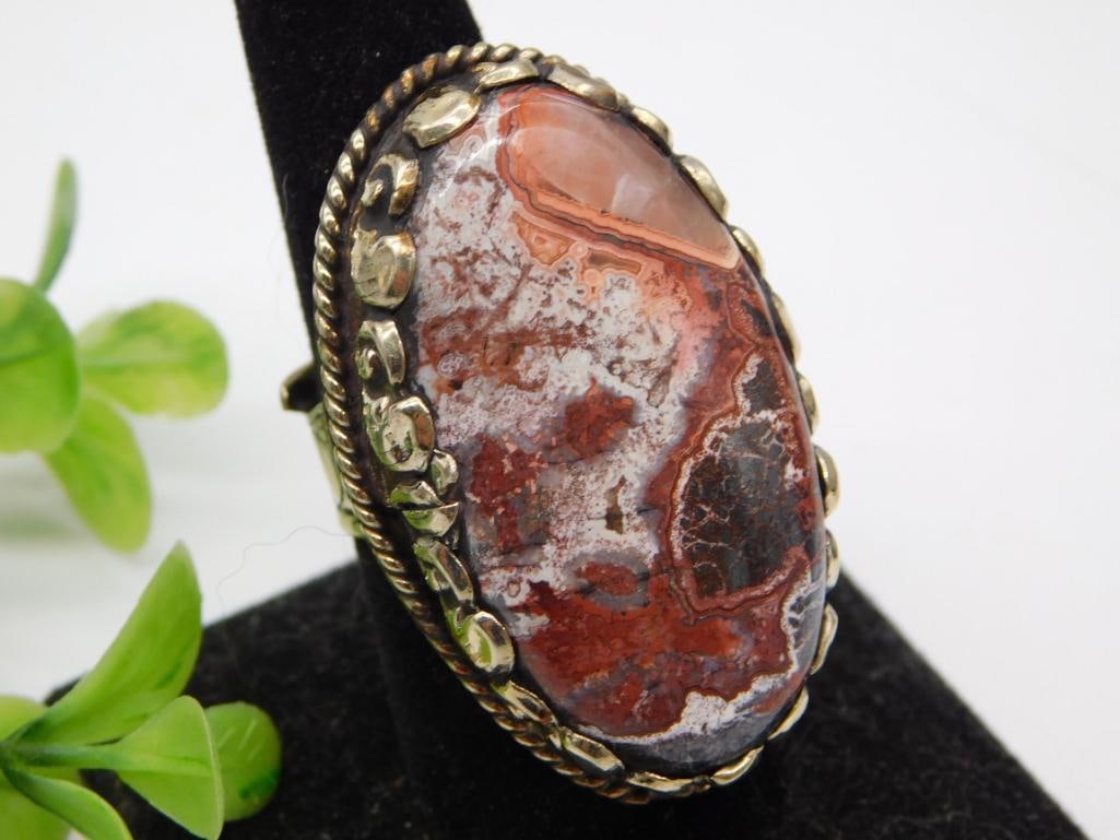 Jasper Cabochon Ring and Silver-Tone Repousse Oval Buckle/Pin (1 of 4)