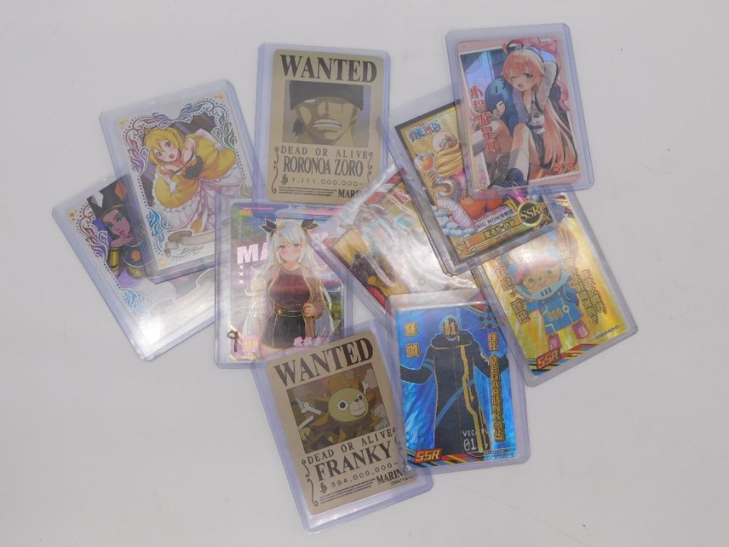 One Piece Anime Trading Card Lot, Sleeved, Approximately 10 Cards: Collection of about ten One Piece and anime-themed trading/collector cards in protective plastic sleeves, including 'Wanted: Dead or Alive' bounty cards for Roronoa Zoro and Franky, plus several SSR-r