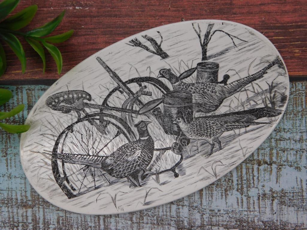 Scrimshaw-Style Carved Oval Plaque with Pheasants and Farm Plow Scene (1 of 2)