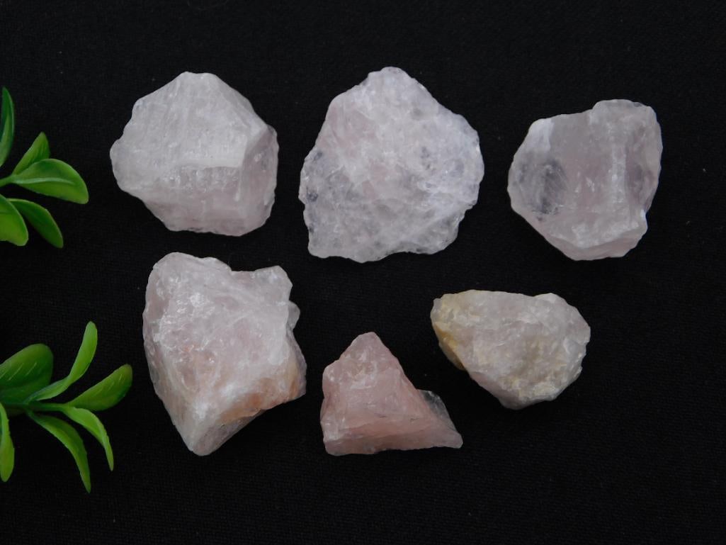 Rose Quartz Rough Mineral Specimen Lot: Group of six raw rose quartz stones in soft pink to white tones, ranging from roughly 1 to 2 inches each. A quarter coin in photo 2 provides scale, and a lot card marks this as part of a 2026 Rock Auc