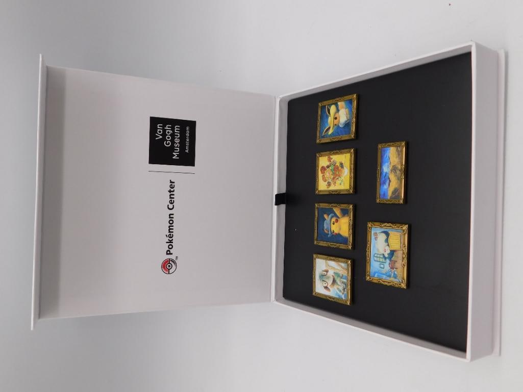 Pokemon Center x Van Gogh Museum Framed Pin Badge Set: Limited edition collector box set of six miniature framed art pins pairing Pokemon characters (Pikachu, Eevee, Snom) with famous Van Gogh paintings including Sunflowers, Starry Night, and The Bedroom,