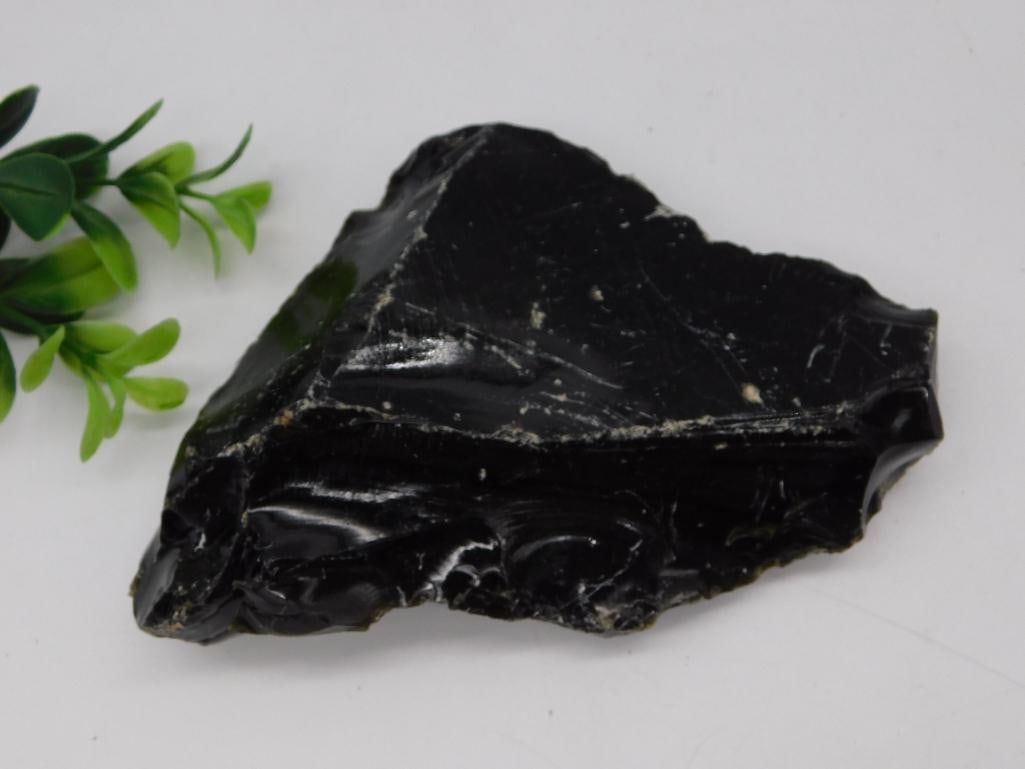 Rock - Raw Obsidian Volcanic Glass Specimen: A large raw specimen of black obsidian (volcanic glass) with a natural conchoidal fracture surface showing characteristic shell-like ripples and sheen. The piece measures roughly 5 inches across as sh