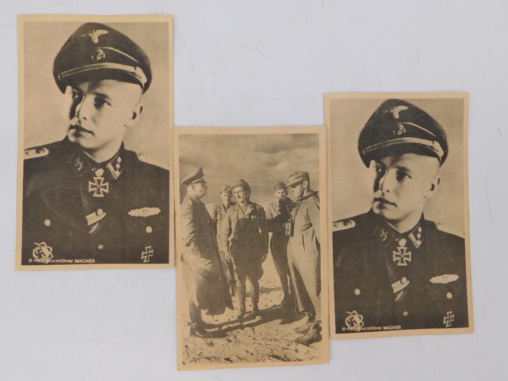 Postcard Lot: WWII German Military Photo Postcards with Framed Pokemon Print: Three vintage sepia-toned German photo postcards (Echte Fotografie, Photo-Hoffmann, Munchen) depicting a Waffen-SS officer identified as Hauptsturmfuhrer Macher wearing an Iron Cross, plus a group pho