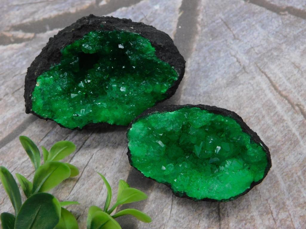 Rock: Dyed Green Quartz Geode Halves with Crystal-Lined Cavities: A matched pair of split geode halves with dark basaltic rinds and interior cavities lined with sparkling quartz crystal points dyed a vivid emerald green. A quarter placed for scale shows the larger h