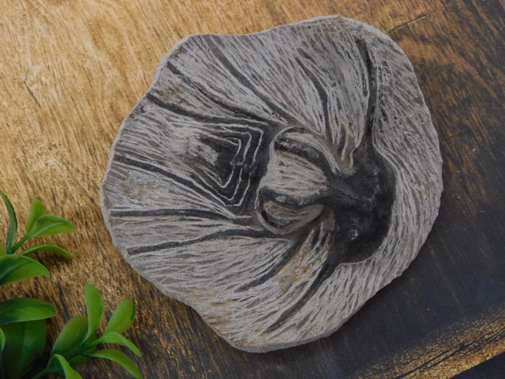 Carved Stone Fossil-Pattern Decorative Disc: A round gray stone disc carved or naturally patterned with radiating fan-like fossil or ammonite-style ridges and a central dark whorl motif. Measures approximately 4-5 inches in diameter, shown with