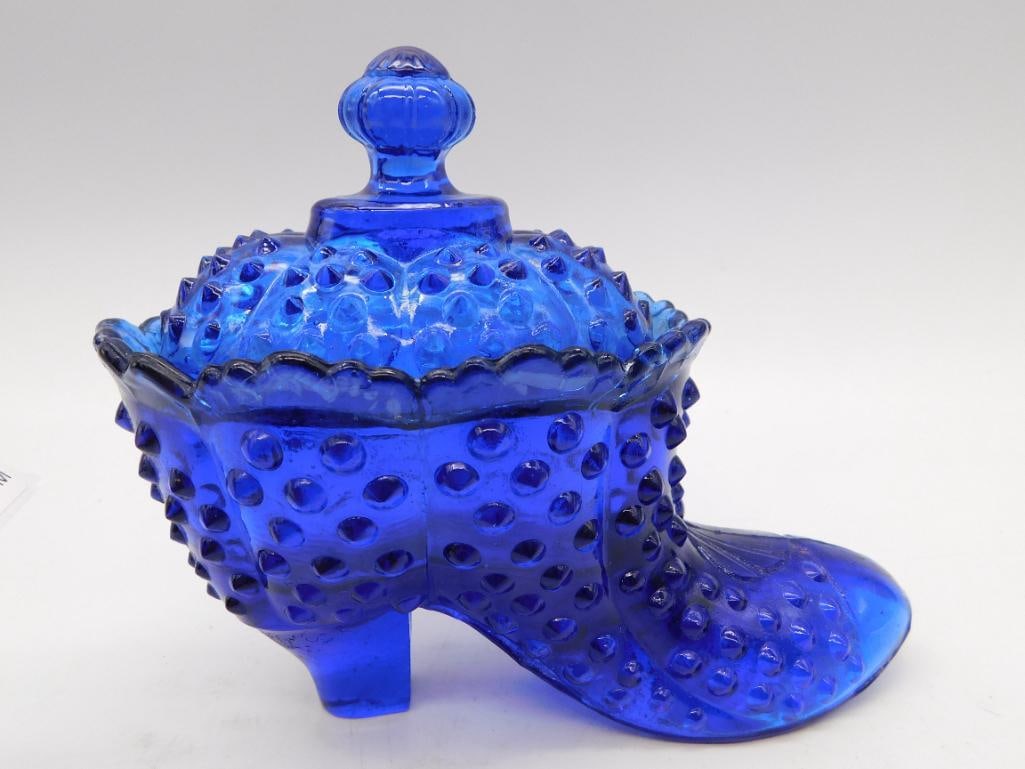 Art Glass: Cobalt Blue Hobnail Glass Boot-Shaped Candy Dish: Cobalt blue pressed glass hobnail-pattern lidded candy dish formed as a high-heeled boot, standing approximately 5-6 inches tall. Base is marked 'Made in Taiwan' in raised lettering. Piece is in good 