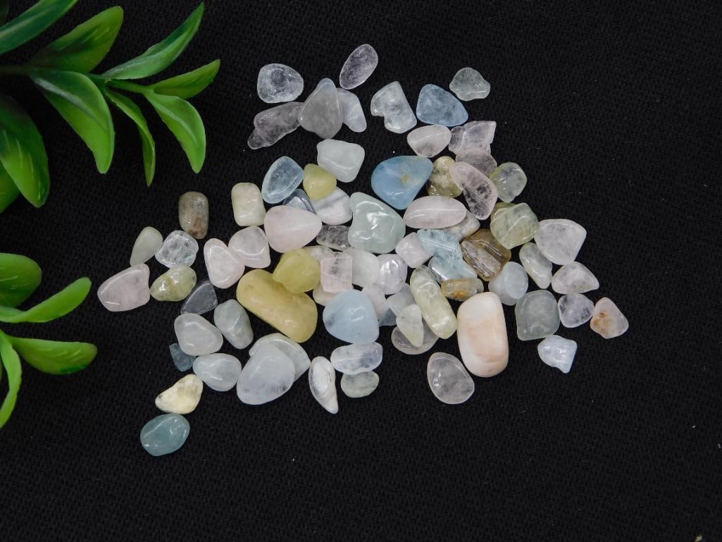 Morganite Chips Tumbled Stone Lot - 12 Grams Mixed Gemstone Mix: A 12-gram lot of small tumbled morganite chips and mixed pastel gemstone pieces in soft pink, blue, yellow, and clear tones, likely including aquamarine and quartz varieties from the same beryl family