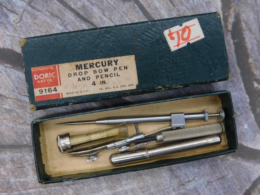 Antique Doric Mercury Drop Bow Pen and Pencil Drafting Set: A vintage K&E Co. "Doric Mercury" drop bow pen and pencil drafting instrument set, model 9164, 4 inches, in original green cardboard box with paper label reading "Made in U.S.A." and a hand-marked $10