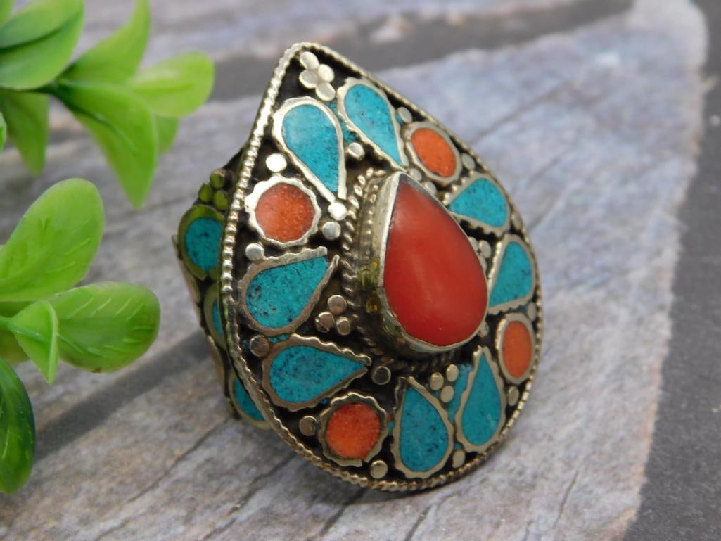 Turquoise and Coral Inlay Statement Ring - Tribal Silver-Tone Jewelry: A large teardrop-shaped statement ring set with turquoise and coral-colored inlay stones in a silver-tone tribal/ethnic design, likely Afghan or Kuchi style. Shown beside a 1966 Liberty quarter for
