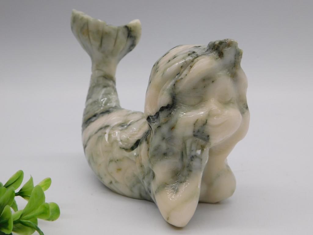 Carved Marble Mermaid Figurine: Hand-carved white and gray-green marble/soapstone figurine of a reclining mermaid with detailed scaled tail and flowing hair. Measures approximately 5 inches long as shown against a ruler; original