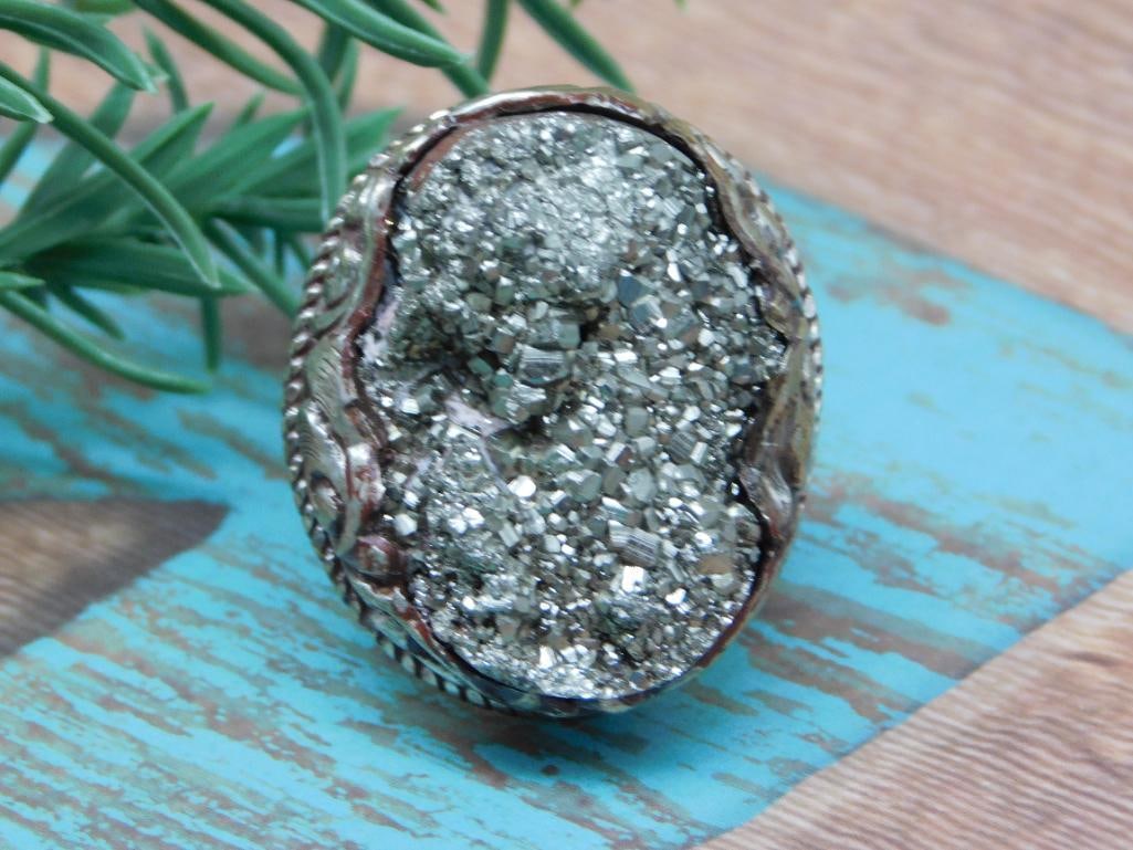 ADJUSABLE PYRITE RING WITH INTRICATE TOOLING: ADJUSABLE PYRITE RING WITH INTRICATE TOOLING