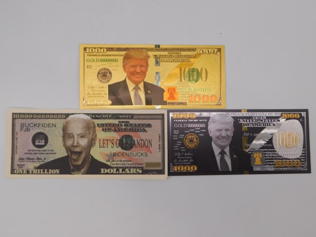 Novelty Political Gold Foil Banknote Set: Set of three novelty gold/silver foil banknotes featuring political figures. Not legal tender.
