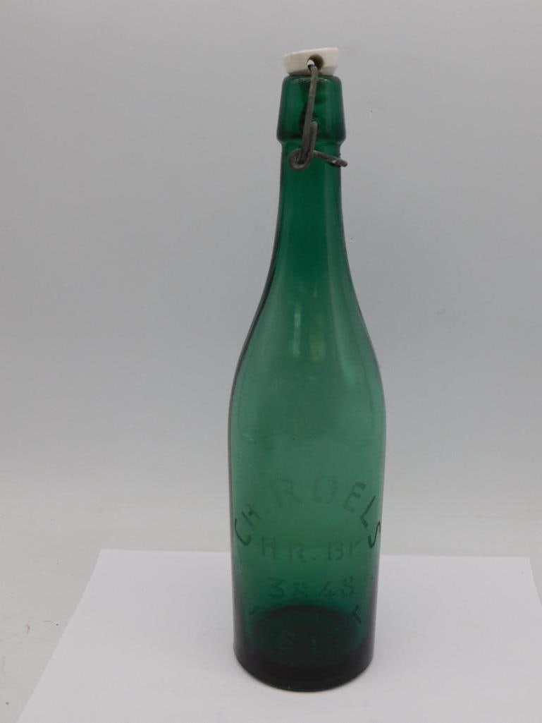 RARE BELGIUM 1920S BEER BOTTLE GREEN GLASS WITH FLIP-TOP CLOSURE VINTAGE ANTIQUE: RARE BELGIUM 1920S BEER BOTTLE GREEN GLASS WITH FLIP-TOP CLOSURE VINTAGE ANTIQUE