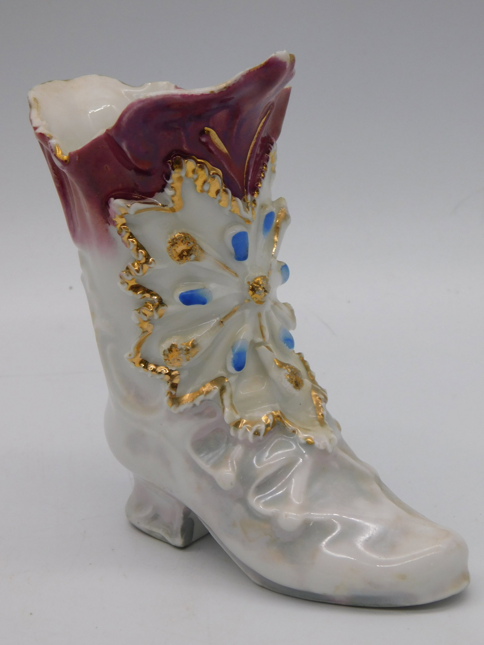 Porcelain — Antique Bisque Porcelain Decorative Boot Figurine Maroon Floral Gold Trim: Porcelain — Antique Bisque Porcelain Decorative Boot Figurine Maroon Floral Gold Trim